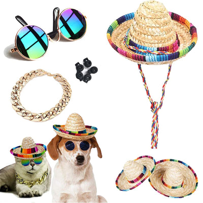 Dog Cat Costume Set — Mini Sombrero, Sunglasses & Chain for Small Pets