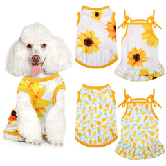 Dog Clothes Set — 2 Fruit Print Dresses & 2 Breathable T-Shirts for Small Dogs